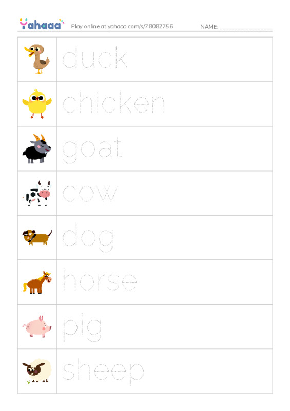 Picture and word rows worksheet for Farm animals
