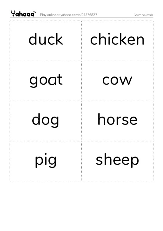 Word flashcards worksheet for Farm animals