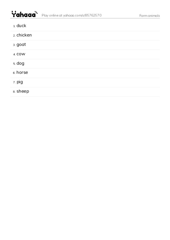 Word list with meanings worksheet for Farm animals