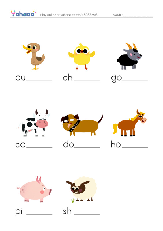 Finish the word worksheet for Farm animals