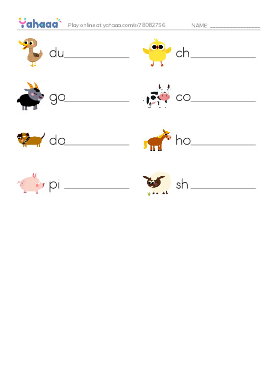 Write the word rows worksheet for Farm animals