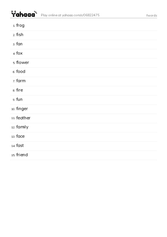 Word list with meanings worksheet for fwords