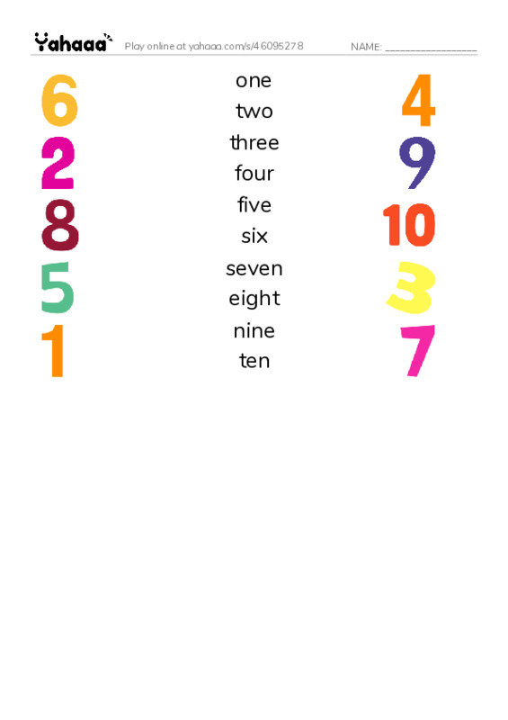Match both sides worksheet for NUmber 1-10