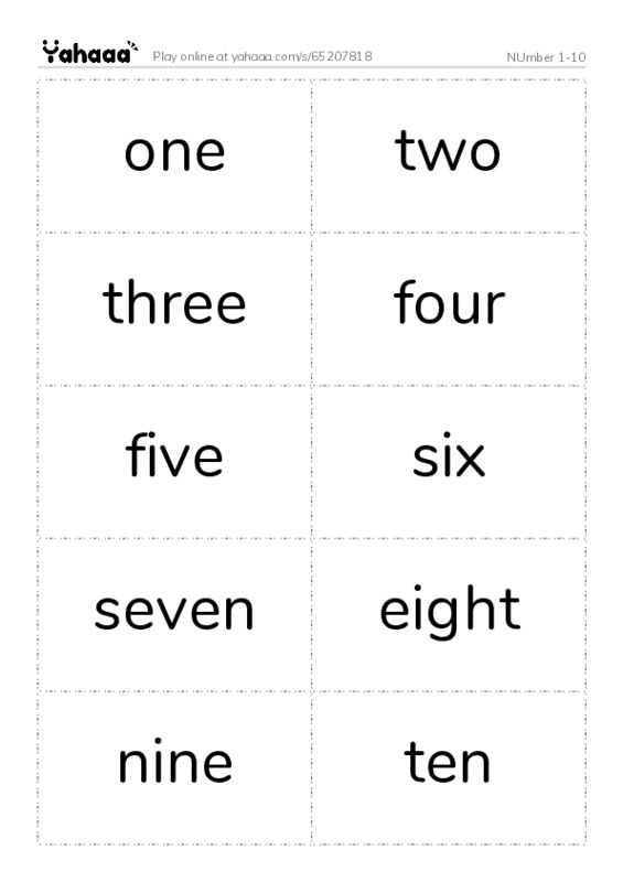 Word flashcards worksheet for NUmber 1-10