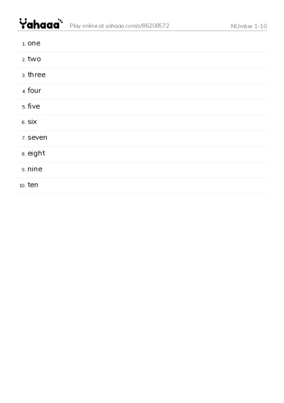 Word list with meanings worksheet for NUmber 1-10
