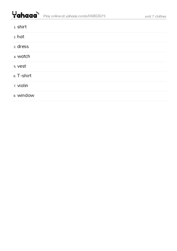 Word list with meanings worksheet for unit 7 clothes