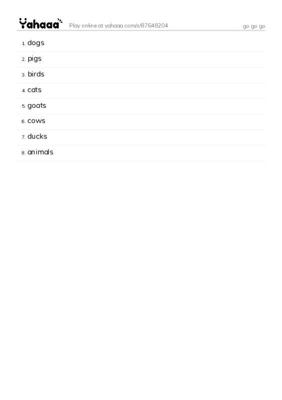 Word list with meanings worksheet for go go go