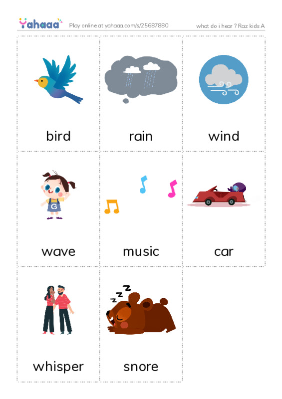 Picture flashcards worksheet for what do i hear ? Raz kids A