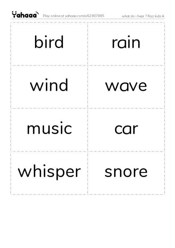 Word flashcards worksheet for what do i hear ? Raz kids A