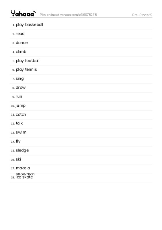Word list with meanings worksheet for Pre- Starter 5