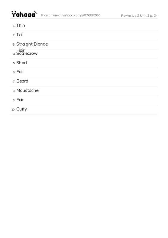 Word list with meanings worksheet for Power Up 2 Unit 3 p. 34