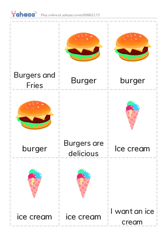 Picture flashcards worksheet for Burgers and Fries, Burger, burger and 10 more