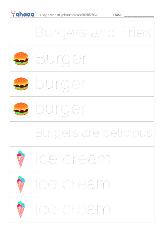 Picture and word rows worksheet for Burgers and Fries, Burger, burger and 10 more