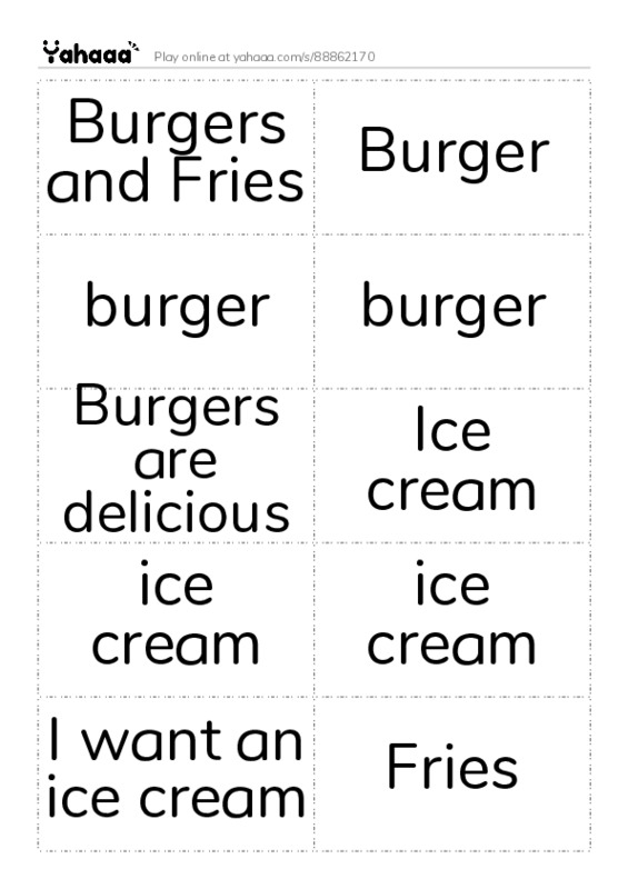 Word flashcards worksheet for Burgers and Fries, Burger, burger and 10 more