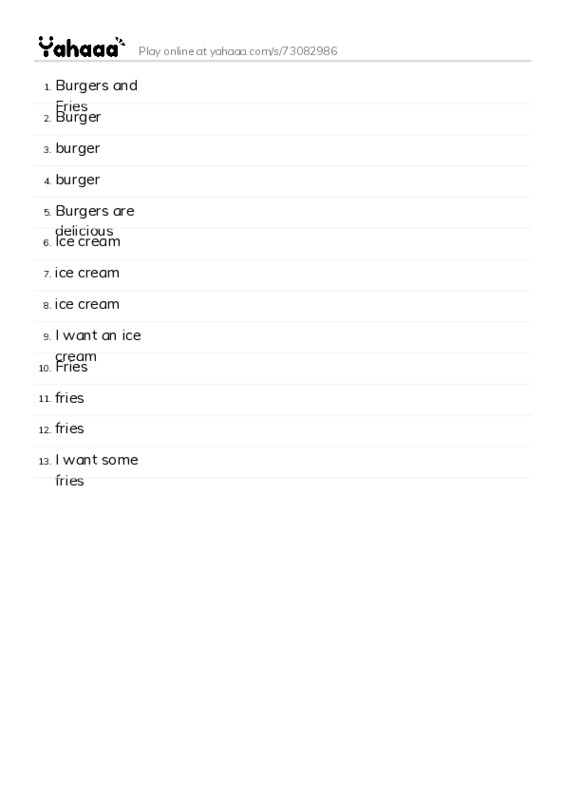 Word list with meanings worksheet for Burgers and Fries, Burger, burger and 10 more