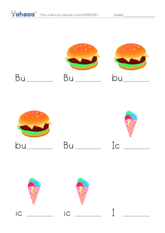 Finish the word worksheet for Burgers and Fries, Burger, burger and 10 more