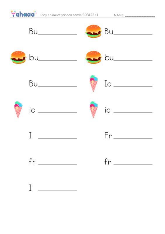 Write the word rows worksheet for Burgers and Fries, Burger, burger and 10 more