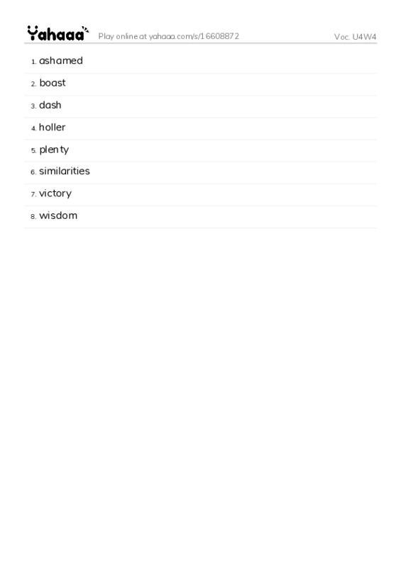Word list with meanings worksheet for Voc. U4W4
