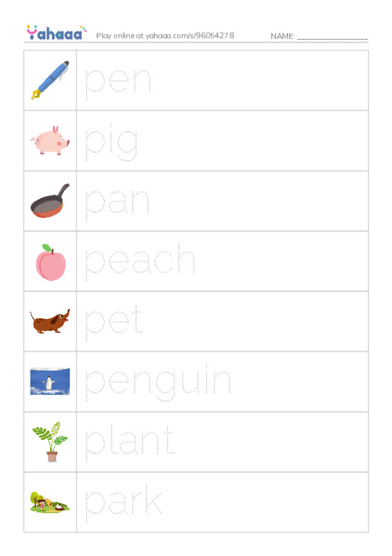 Picture and word rows worksheet for P WORDS