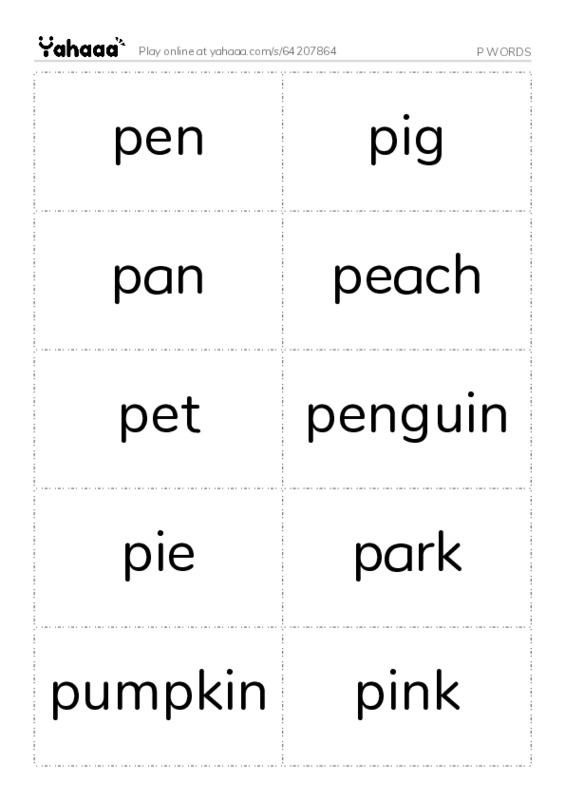 Word flashcards worksheet for P WORDS