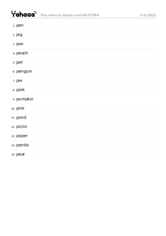 Word list with meanings worksheet for P WORDS