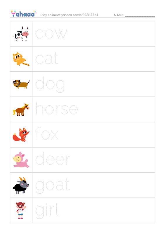 Picture and word rows worksheet for jump over
