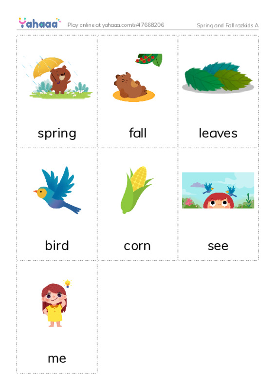 Picture flashcards worksheet for Spring and Fall razkids A