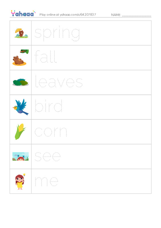 Picture and word rows worksheet for Spring and Fall razkids A