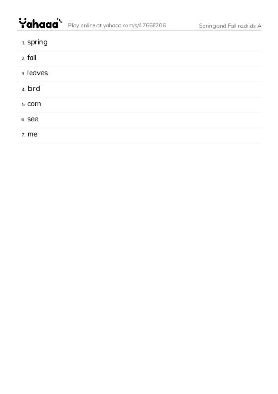 Word list with meanings worksheet for Spring and Fall razkids A