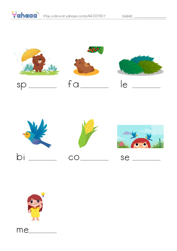 Finish the word worksheet for Spring and Fall razkids A