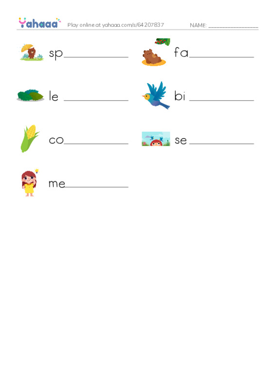 Write the word rows worksheet for Spring and Fall razkids A