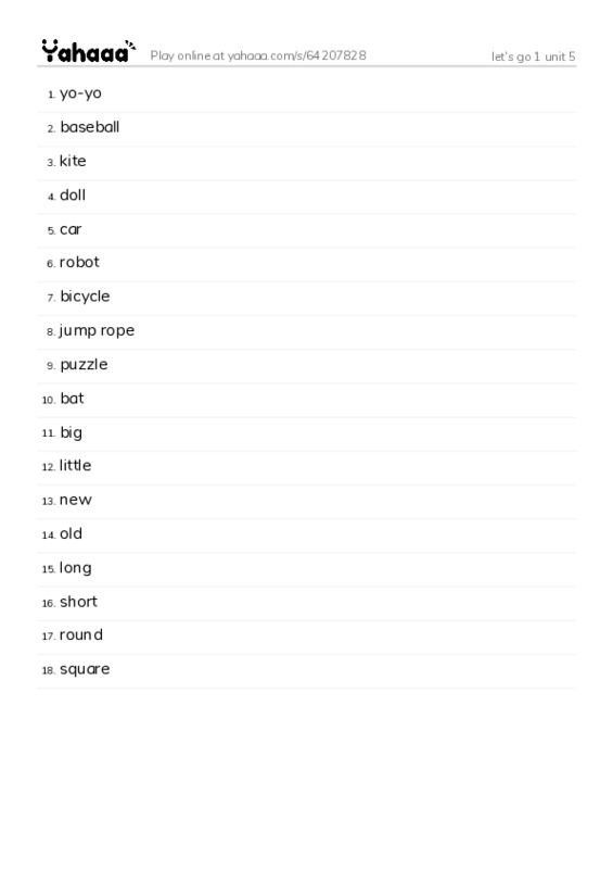 Word list with meanings worksheet for let's go 1 unit 5