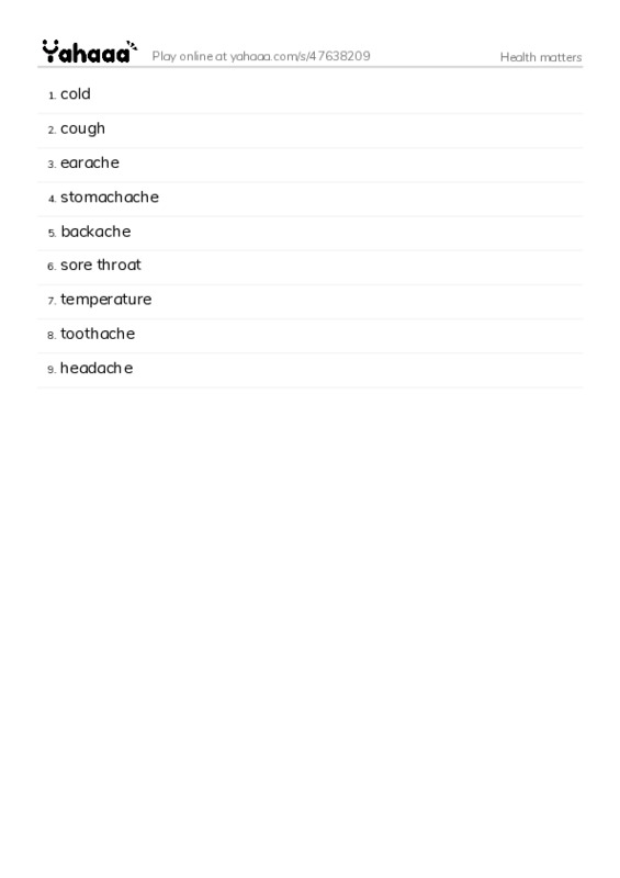 Word list with meanings worksheet for Health matters