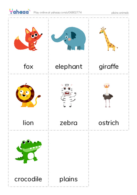 Picture flashcards worksheet for plains animals