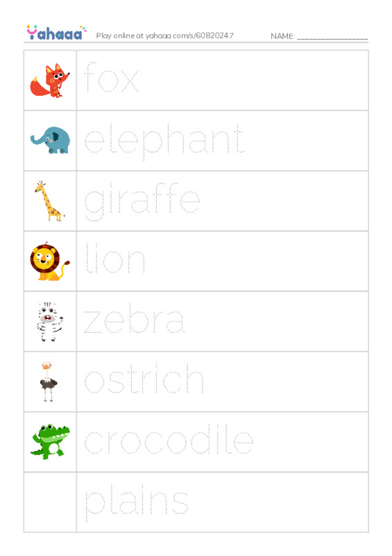 Picture and word rows worksheet for plains animals
