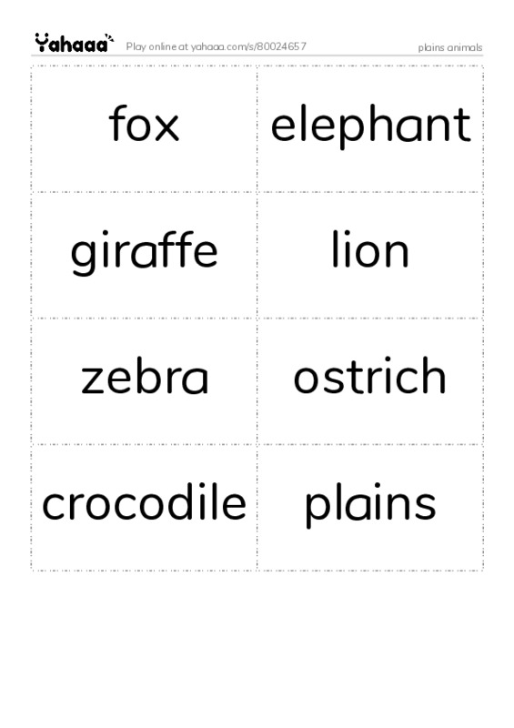 Word flashcards worksheet for plains animals