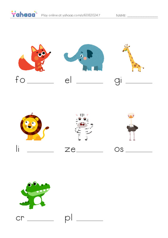 Finish the word worksheet for plains animals