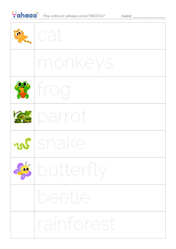 Picture and word rows worksheet for rainstorm animals