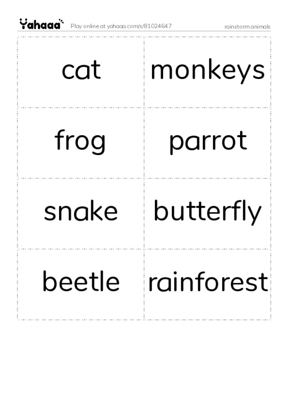 Word flashcards worksheet for rainstorm animals