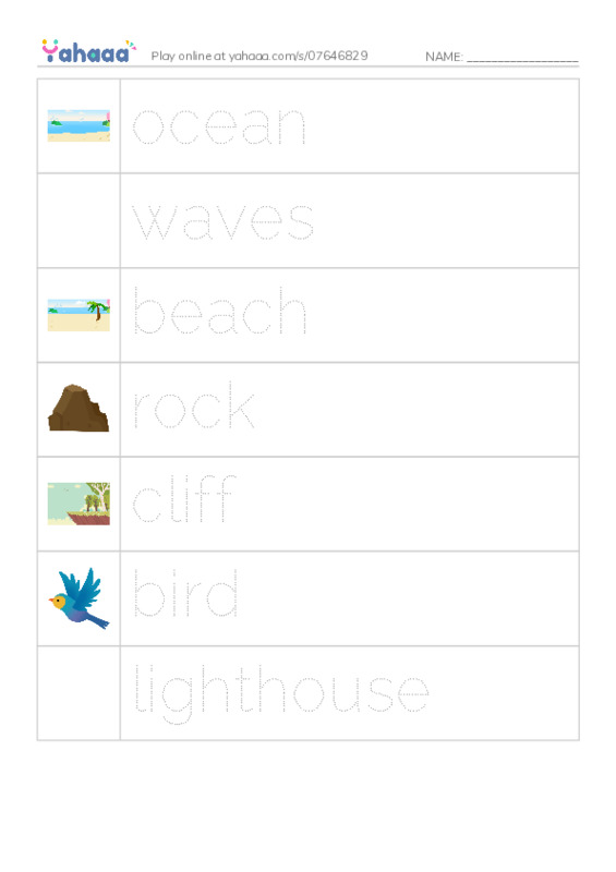 Picture and word rows worksheet for the coast