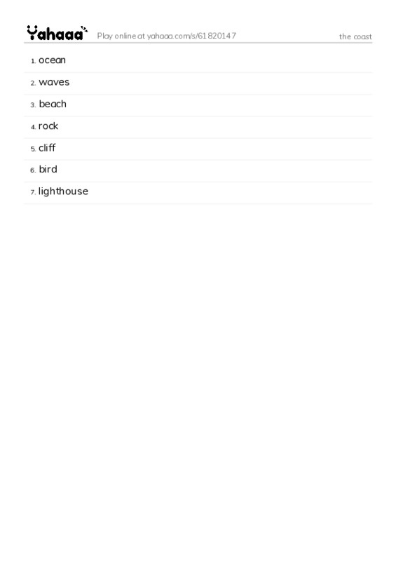 Word list with meanings worksheet for the coast