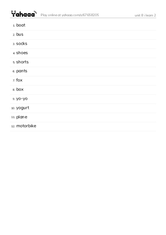 Word list with meanings worksheet for unit 8 i learn 2