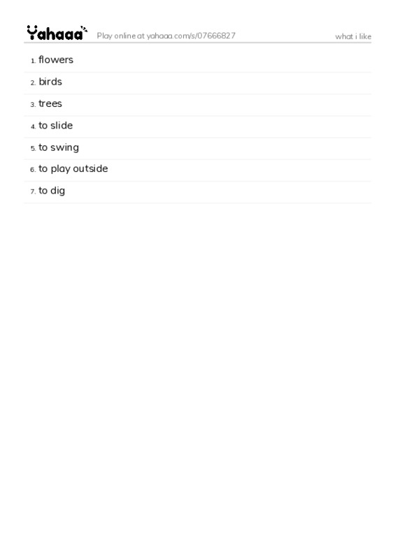 Word list with meanings worksheet for what i like