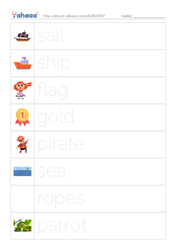 Picture and word rows worksheet for i love pirates