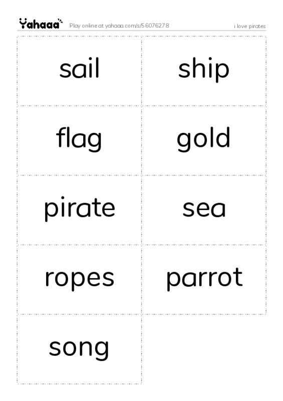 Word flashcards worksheet for i love pirates