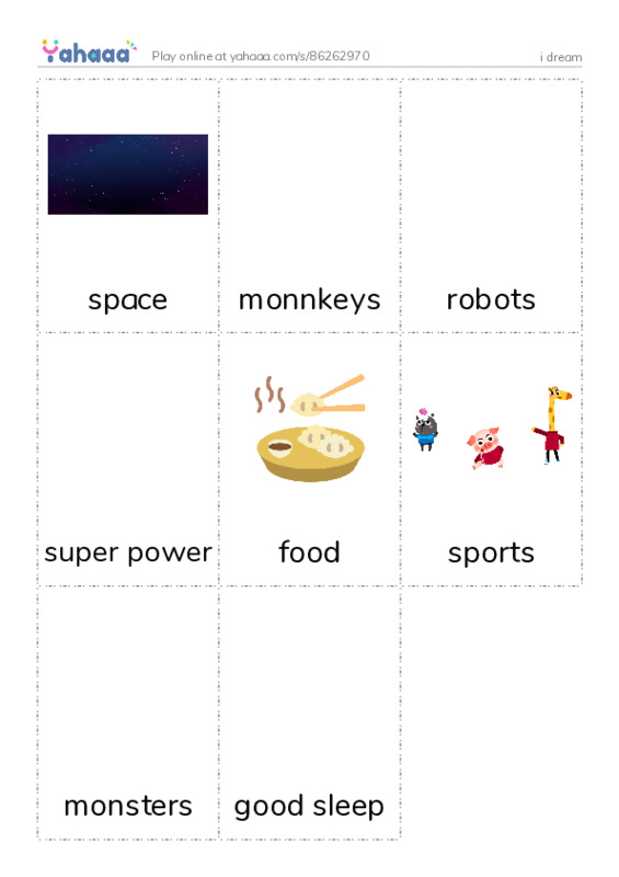 Picture flashcards worksheet for i dream