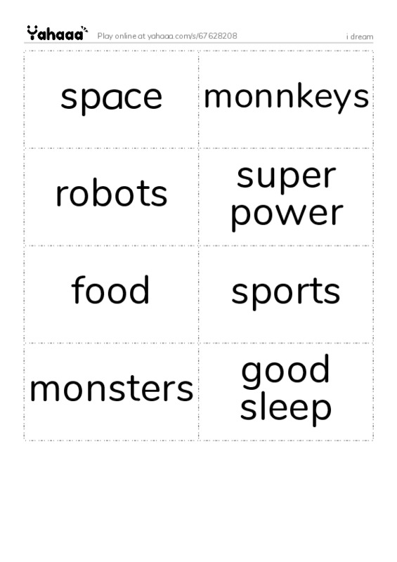 Word flashcards worksheet for i dream