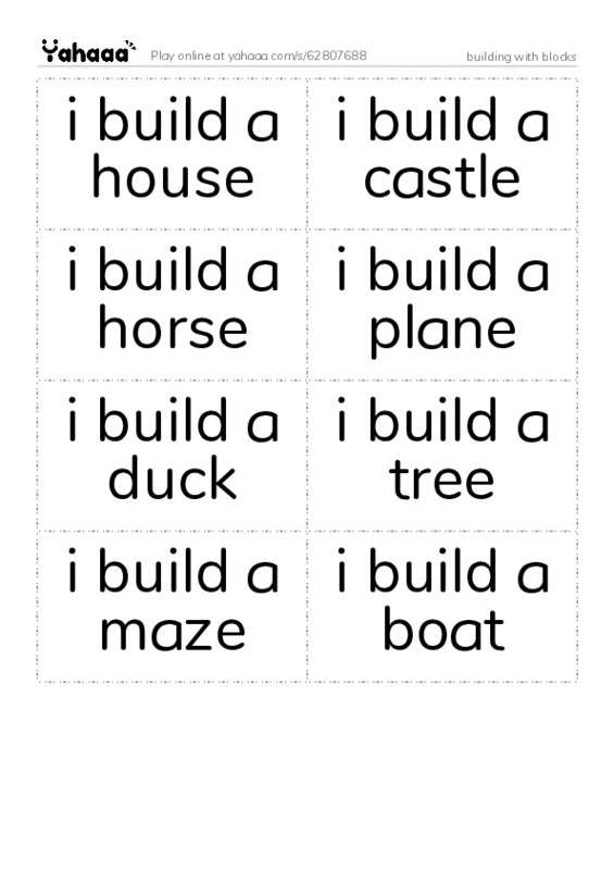 Word flashcards worksheet for building with blocks