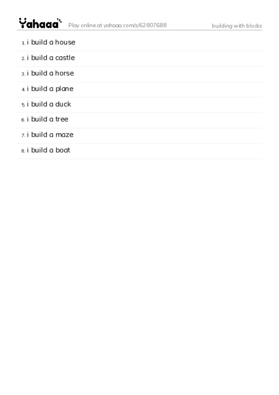 Word list with meanings worksheet for building with blocks