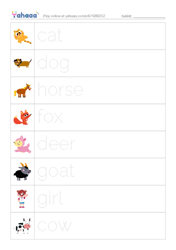 Picture and word rows worksheet for jump over